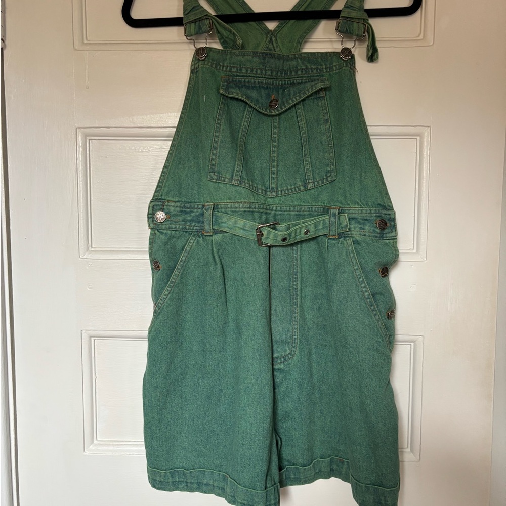 Vintage Green Denim Short Overalls